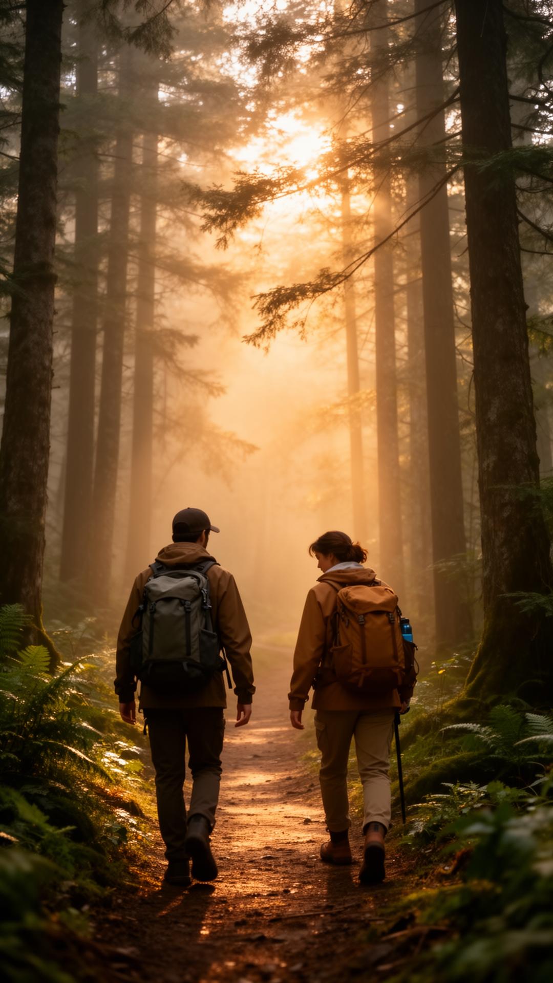 Hikers on a misty forest trail at sunrise